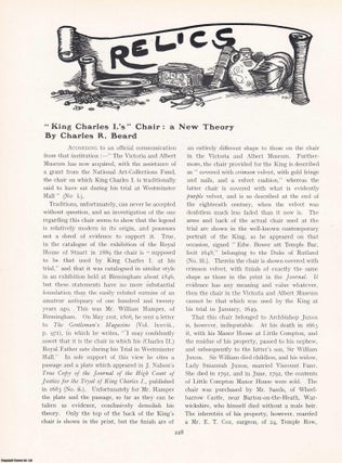 Item #421332 King Charles I's' Chair: A New Theory. An original article from The Connoisseur,...