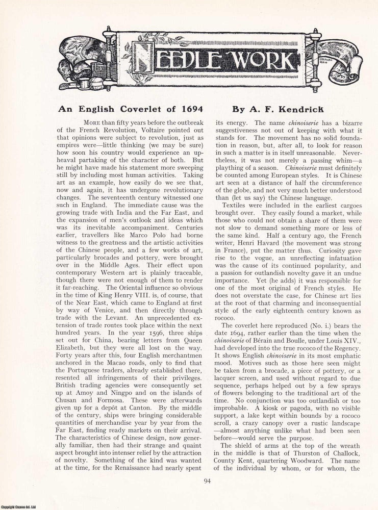 Item #421345 An Embroidered English Coverlet of 1694. An original article from The Connoisseur,...