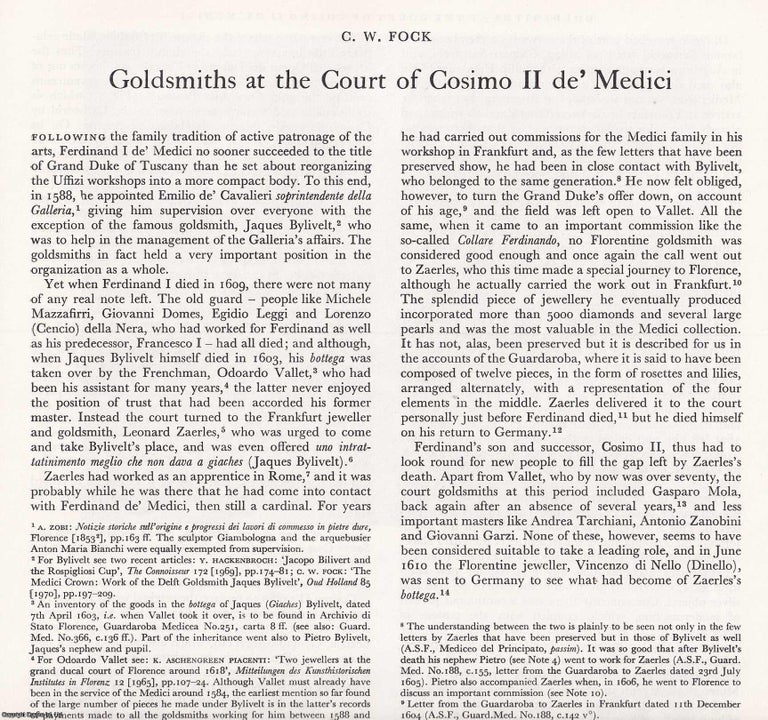 Item #421399 Goldsmiths at the Court of Cosimo II de' Medici. 7 pages, with illustrations....