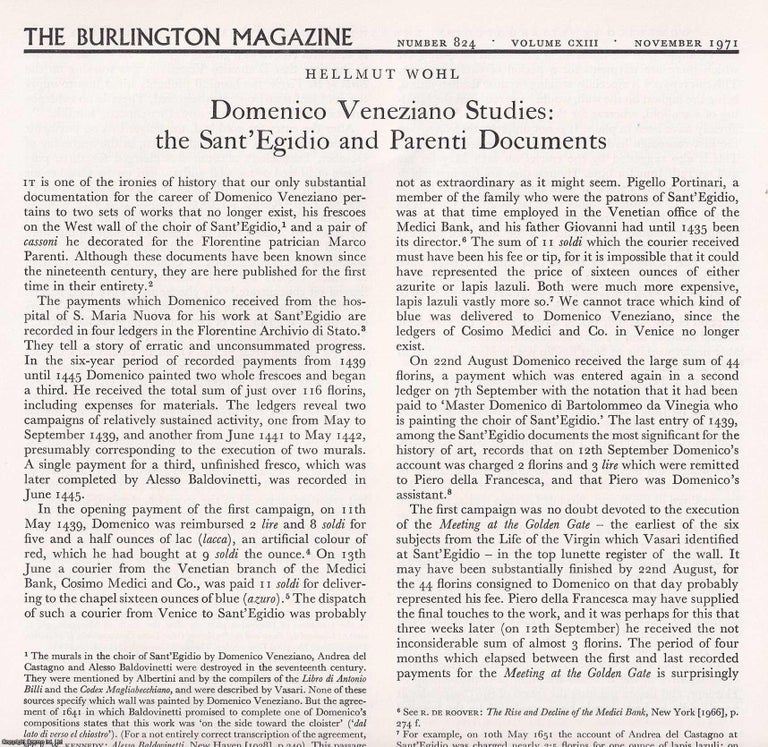 Item #421424 Domenico Veneziano Studies: The Sant' Egidio and Parenti Documents. 7 pages. An...