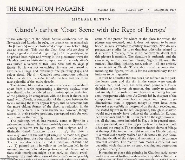 Item #421435 Claude Lorrain's Earliest 'Coast Scene with the Rape of Europa'....