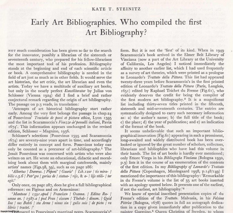 Item #421443 Early Art Bibliographies: Who Compiled the First Art Bibliography? 8 pages, with...