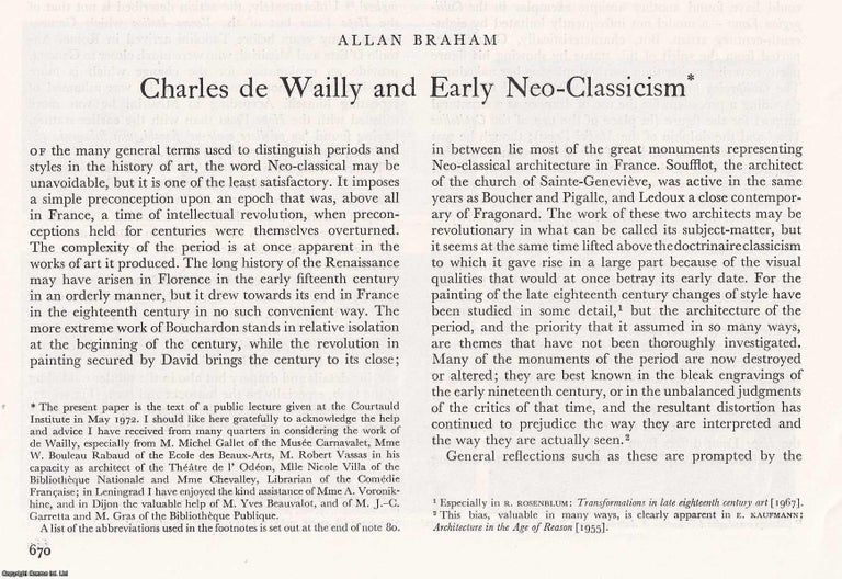 Item #421447 Charles de Wailly and Early Neo-Classicism. 15 pages, with illustrations. An article...