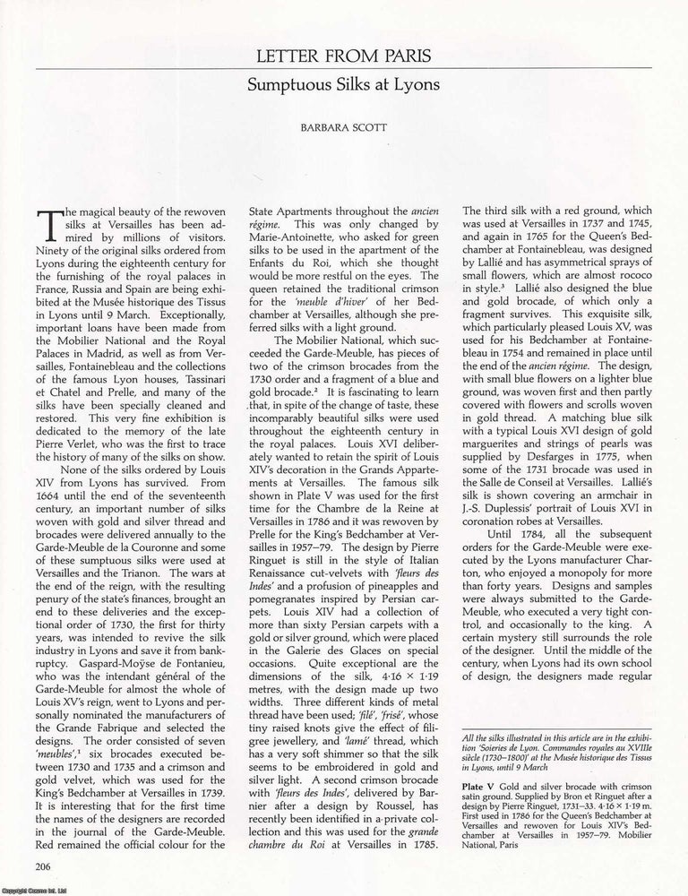 Item #421691 Sumptuous Silks at Lyons. An original article from Apollo, International Magazine of...