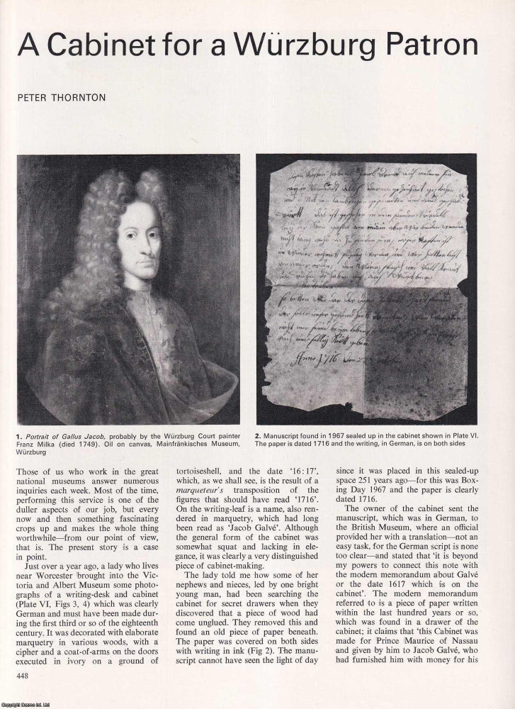 Item #422088 A Cabinet for a Wurzburg Patron. 6 pages, illustrated. An article printed in 1969,...