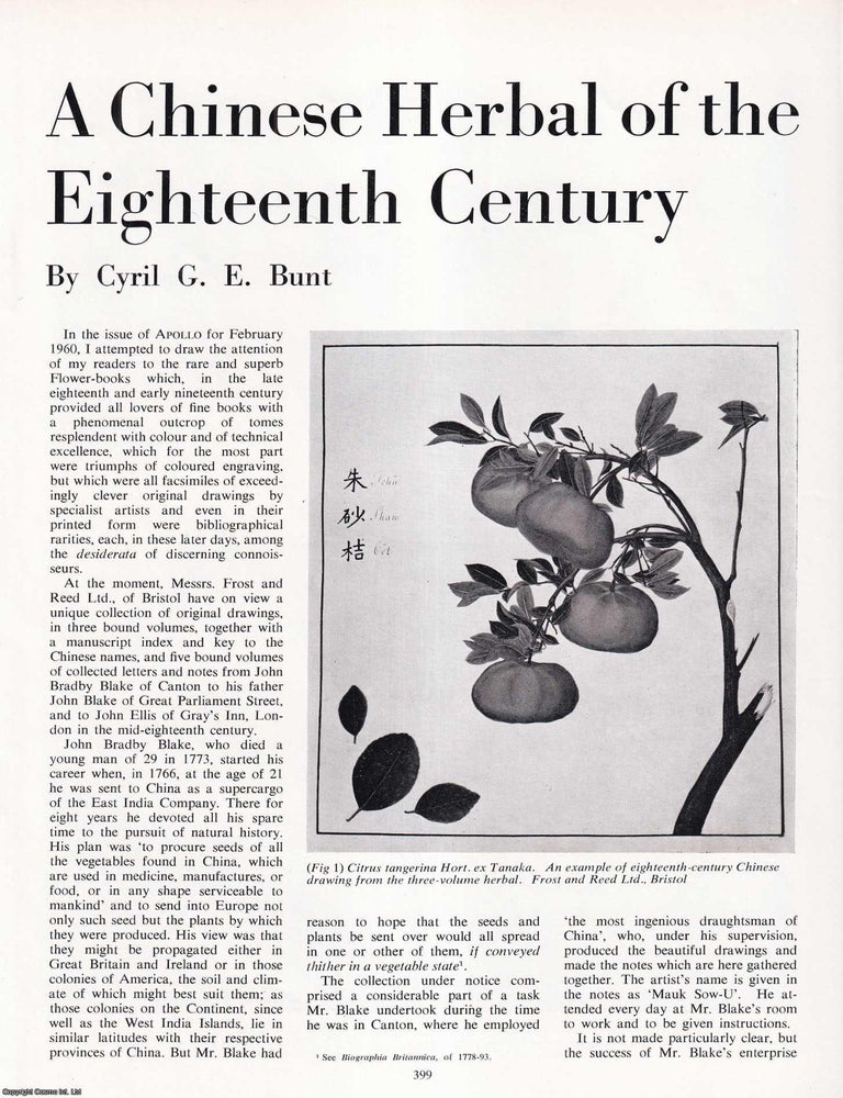 Item #422170 A Chinese Herbal of the Eighteenth Century. 3 pages, illustrated. An article printed...