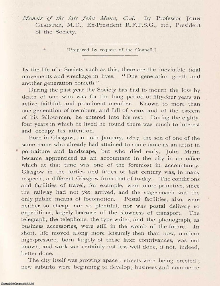 Item #423212 A Memoir of John Mann (1827-1910): Businessman and Treasurer of the Philosophical...