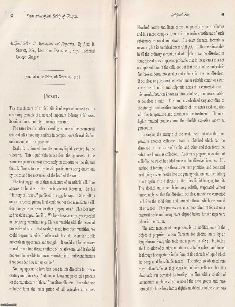 Item #423227 Artificial Silk: Its Manufacture and Properties. This is an original article from...