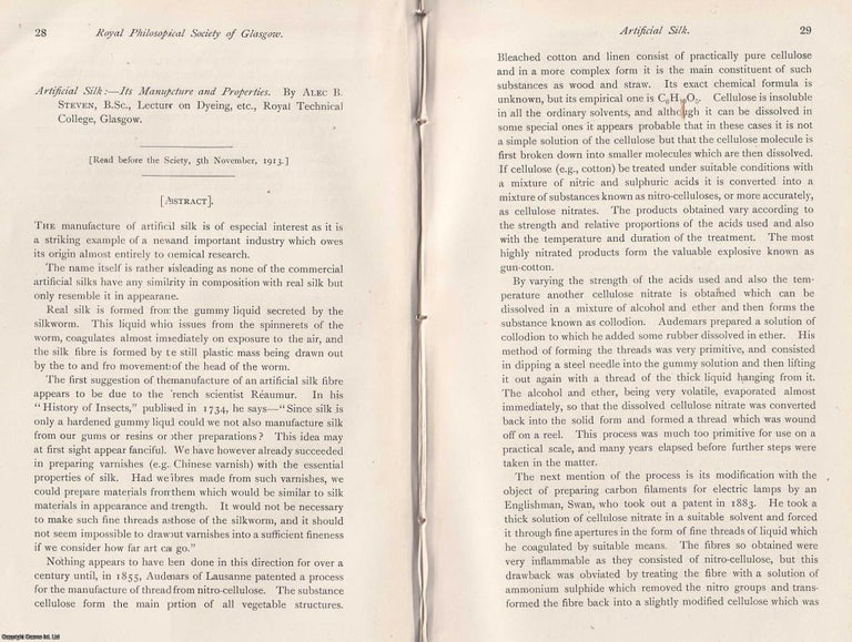 Item #423227 Artificial Silk: Its Manufacture and Properties. This is an original article from...
