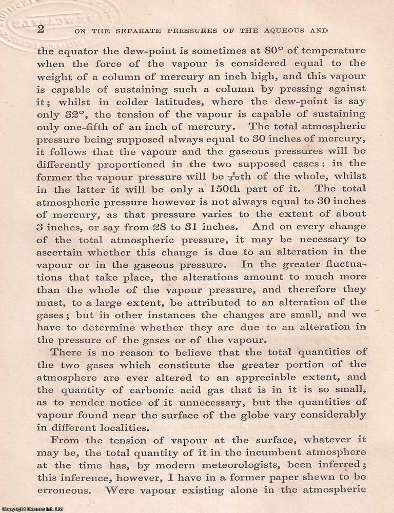 Item #423261 On the Separate Pressures of the Aqueous and the Gaseous portions of the Atmosphere....
