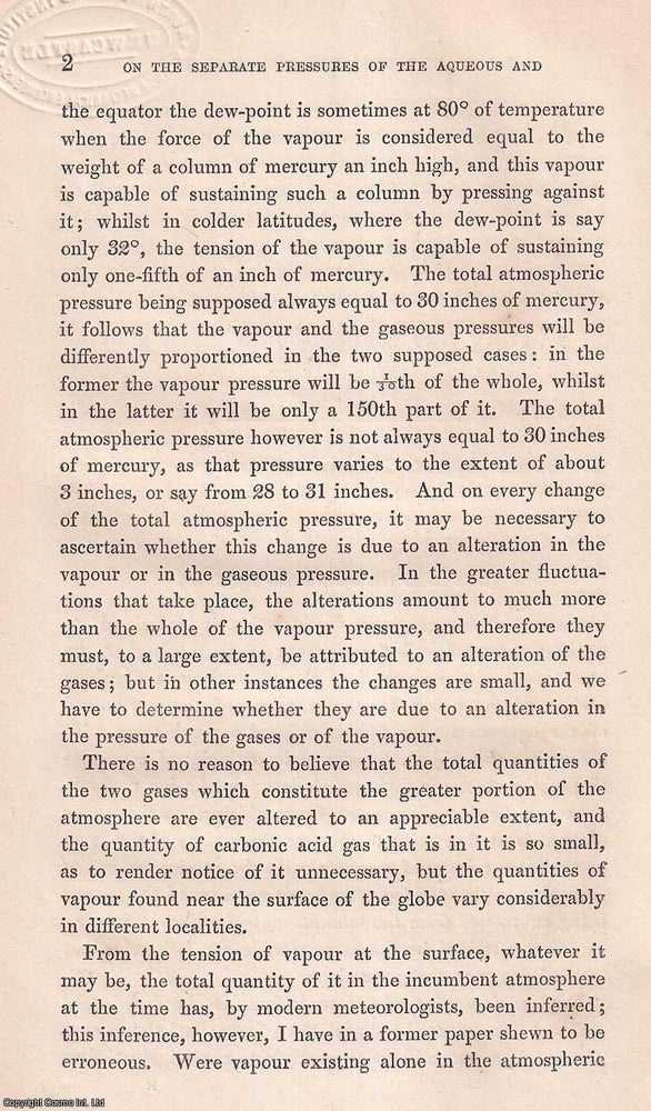 Item #423261 On the Separate Pressures of the Aqueous and the Gaseous portions of the Atmosphere....