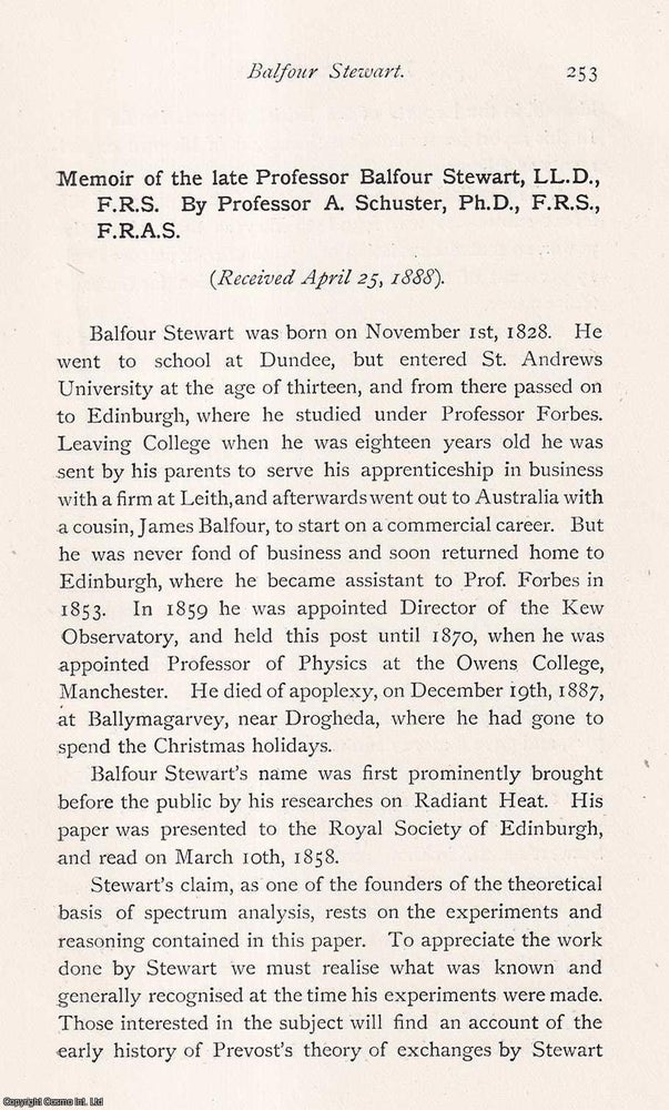 Item #423317 Memoir of Professor Balfour Stewart, LL.D., F.R.S. (1828-1887), Physicist and...