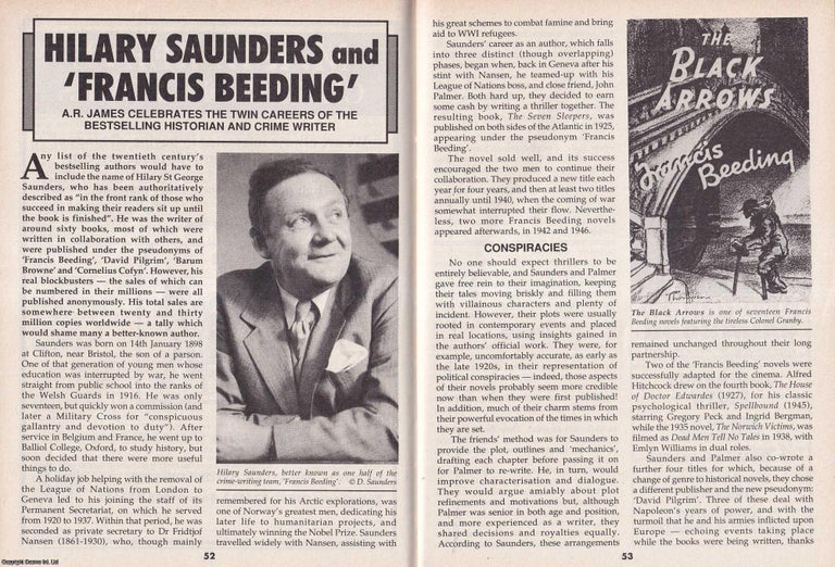 Item #500605 Hilary Saunders : Francis Beeding. Best selling historian & crime writer. This is an original article separated from an issue of The Book & Magazine Collector publication, 1996. A. R. James.