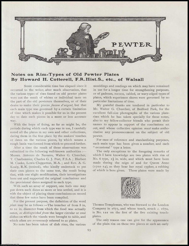 Item #502883 Rim-Types of Old Pewter Plates. An original article from The Connoisseur, 1919....