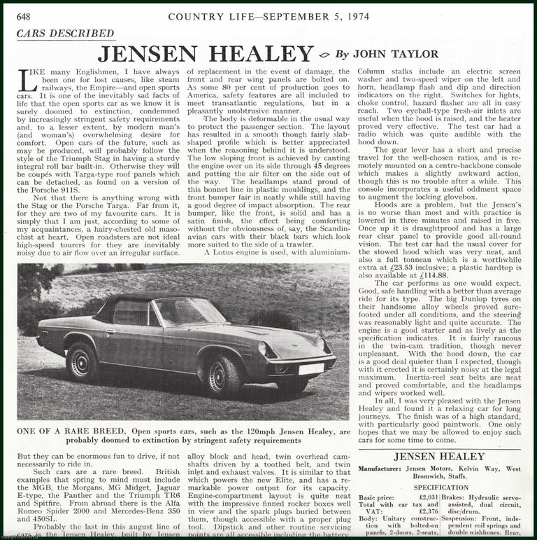 Item #504596 Jensen Healey Sports Car. One picture and accompanying text, removed from an original issue of Country Life Magazine, 1974. Country Life Magazine.