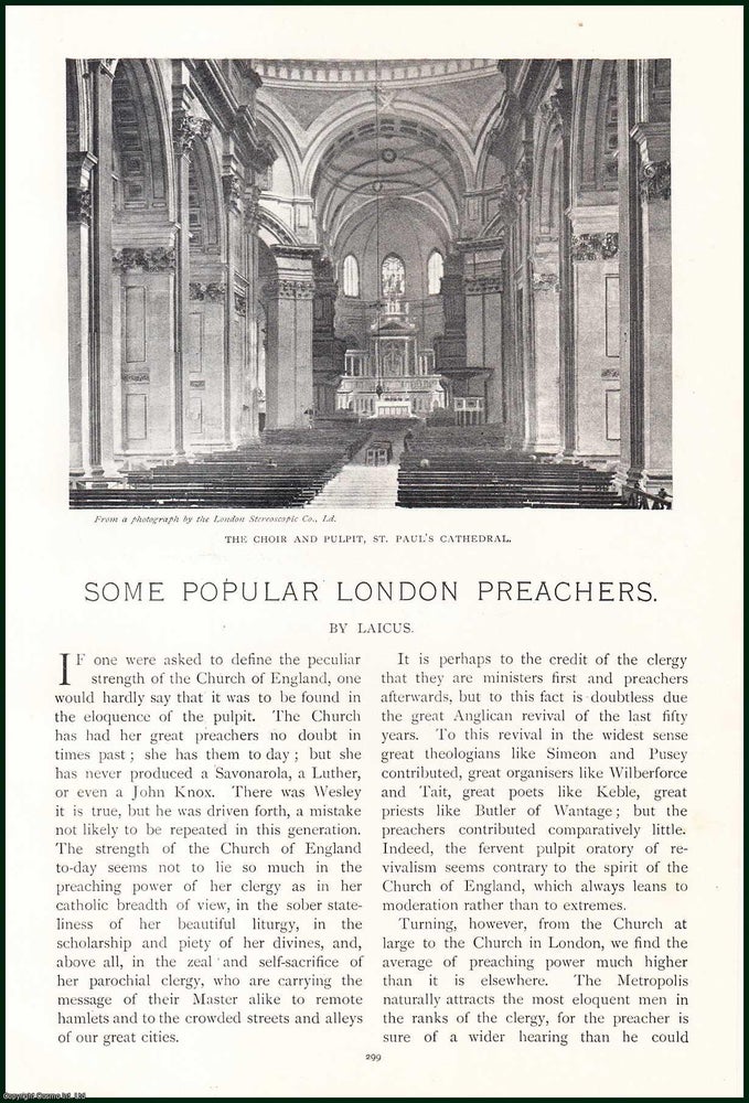 Item #504741 Canon Newbolt ; Canon Gore ; Canon Ainger ; The Rev. H.R. Haweis ; The Rev. John Storrs, & more : Some Popular London Preachers. An uncommon original article from the Lady's Realm, 1909. Laicus.