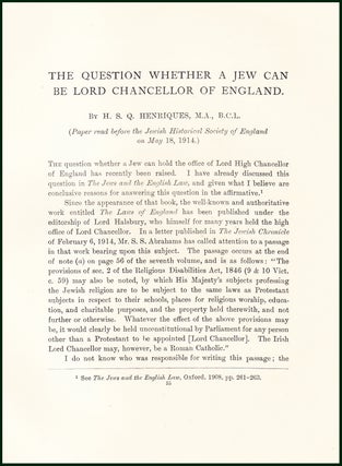 Item #504753 The Question Whether A Jew Can Be Lord Chancellor Of England. An uncommon original...