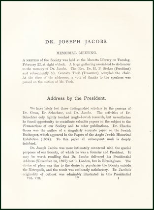 Item #504758 Dr. Joseph Jacobs : Memorial Meeting Address by the President. An uncommon original...