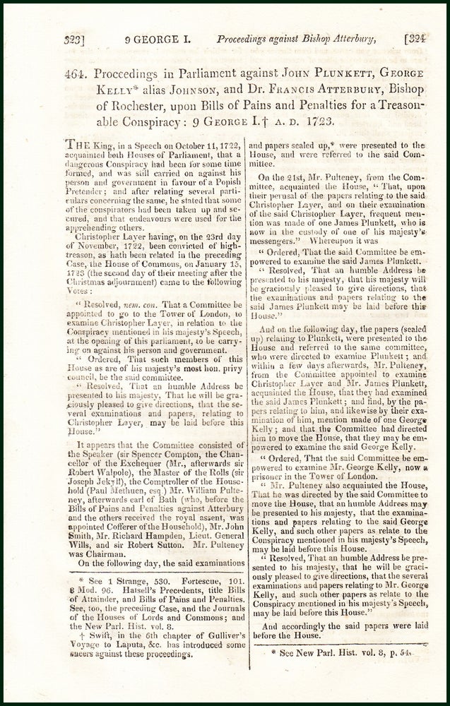Item #504763 Proceedings in Parliament against John Plunkett, George Kelly alias Johnson, and Dr. Francis Atterbury, Bishop of Rochester, upon Bills of Pains and Penalties for a Treasonable Conspiracy. AD 1723. An uncommon original article from the Collected State Trials, 1812. TRIAL.