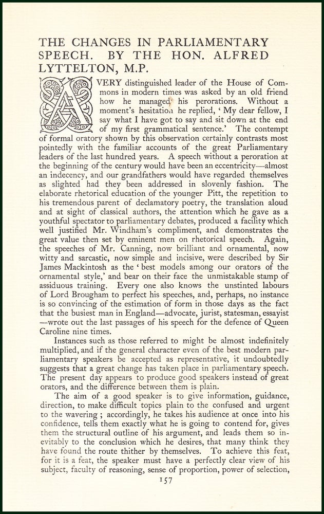 Item #504772 The Changes in Parliamentary Speech. An uncommon original article from the Anglo Saxon Review, 1899. M. P. Hon. Alfred Lyttelton.