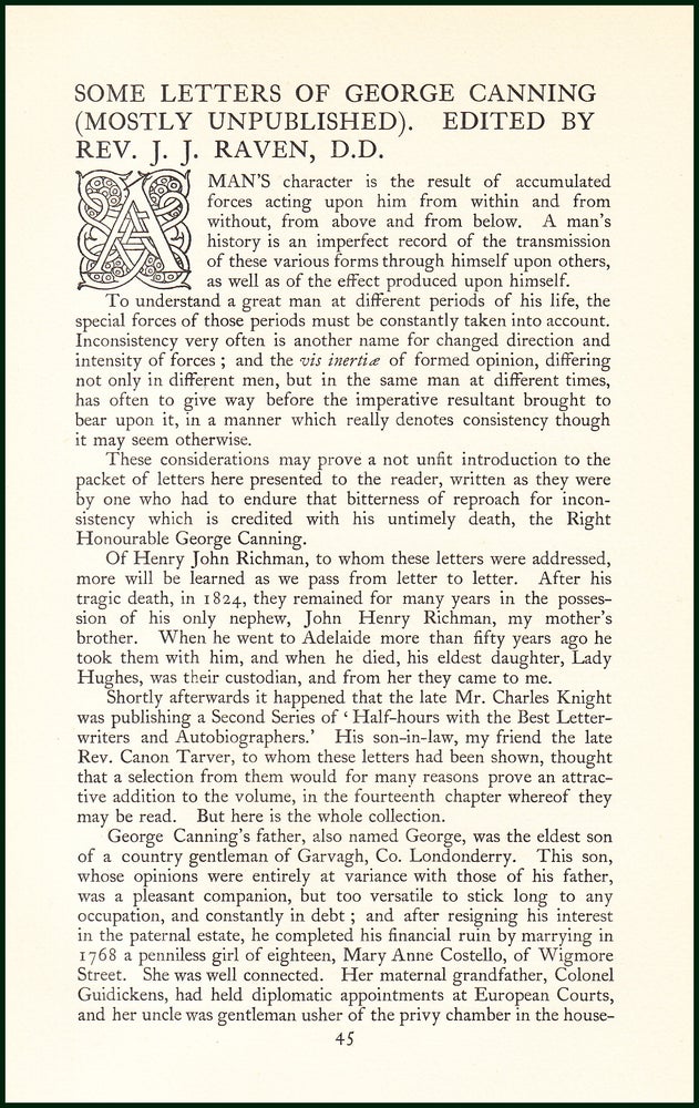 Item #504781 Some Letters of George Canning (mostly unpublished). An uncommon original article from the Anglo Saxon Review, 1899. D. D. Rev. J. J. Raven.