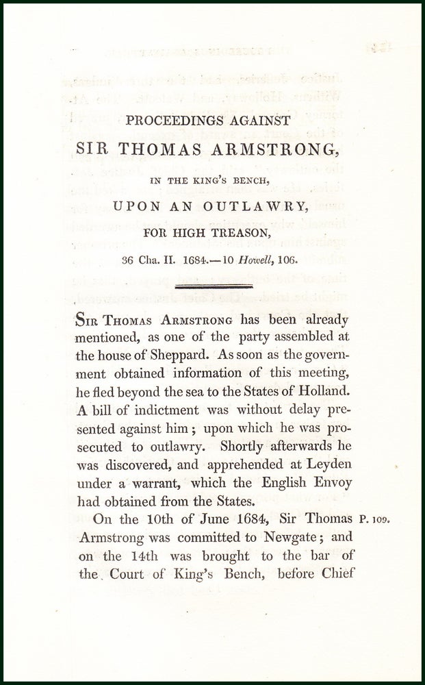 Item #504786 Proceedings Against Sir Thomas Armstrong, in The King's Bench, Upon an Outlawry, for High Treason, 1684. An uncommon original article from the Collected State Trials, 1826. TRIAL.