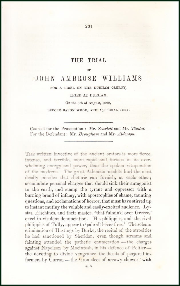 Item #504802 The Trial of John Ambrose Williams for a Libel on The Durham Clergy, Tried at Durham before Baron Wood, & a Special Jury, 1822. An uncommon original article from the Collected State Trials, 1850. TRIAL.