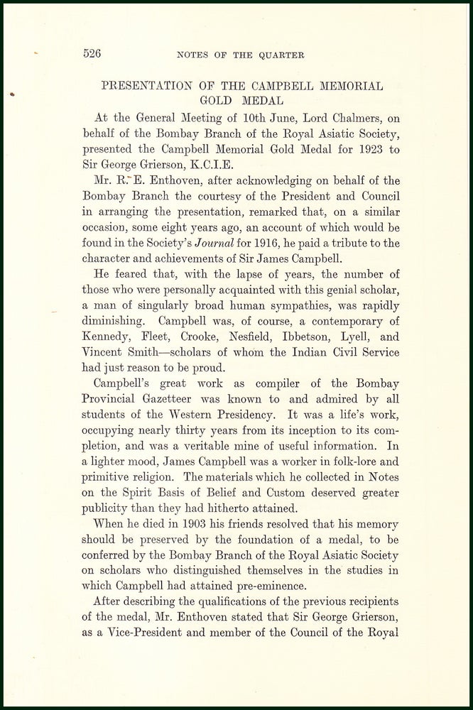 Item #504813 The Presentation of The Campbell Memorial Gold Medal, which was Presented by Lord Chalmers to Sir George Grierson, on Behalf of The Bombay Branch of The Royal Asiatic Society. An uncommon original article from the Royal Asiatic Society , 1924. Royal Asiatic Society.