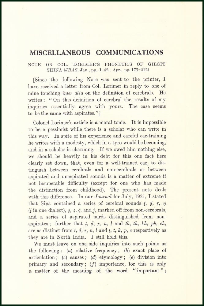 Item #504816 Colonel Lorimer's Phonetics of Gilgit Shina. An uncommon original article from the Royal Asiatic Society , 1924. T. Grahame Bailey.