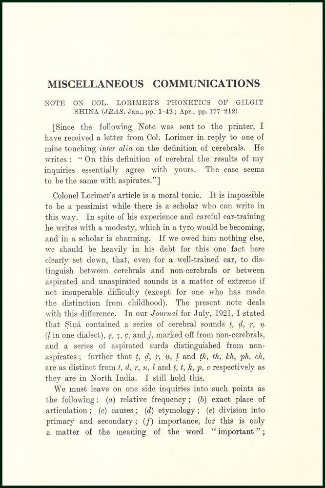 Item #504816 Colonel Lorimer's Phonetics of Gilgit Shina. An uncommon original article from...