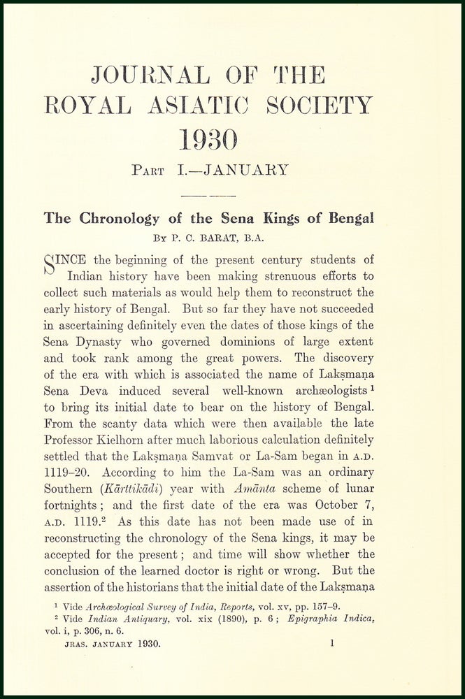 Item #504817 The Chronology of The Sena Kings of Bengal. An uncommon original article from the Royal Asiatic Society , 1930. P C. Barat.