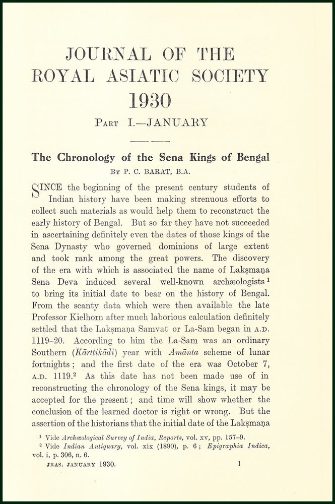 Item #504817 The Chronology of The Sena Kings of Bengal. An uncommon original article from the...