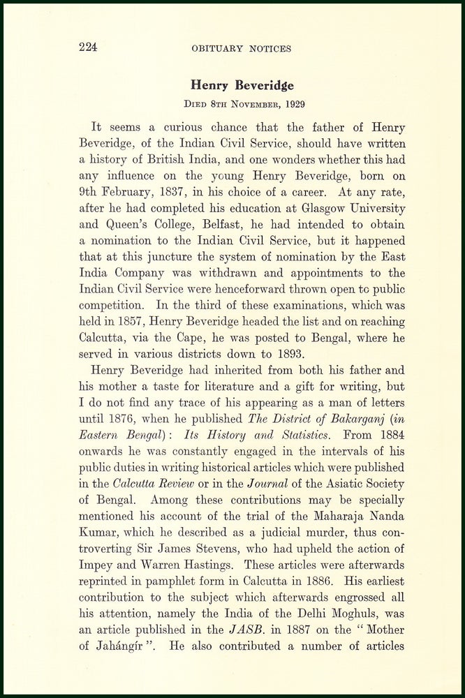 Item #504818 Henry Beveridge, Indian Civil Service : Obituary. An uncommon original article from the Royal Asiatic Society , 1930. E. Denison Ross.