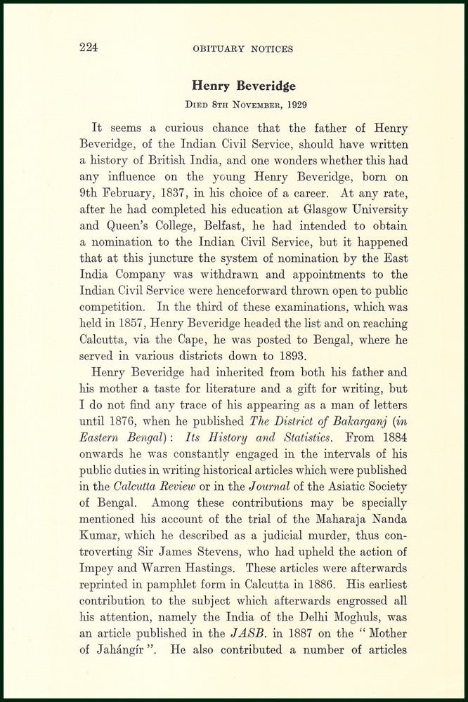 Item #504818 Henry Beveridge, Indian Civil Service : Obituary. An uncommon original article from...