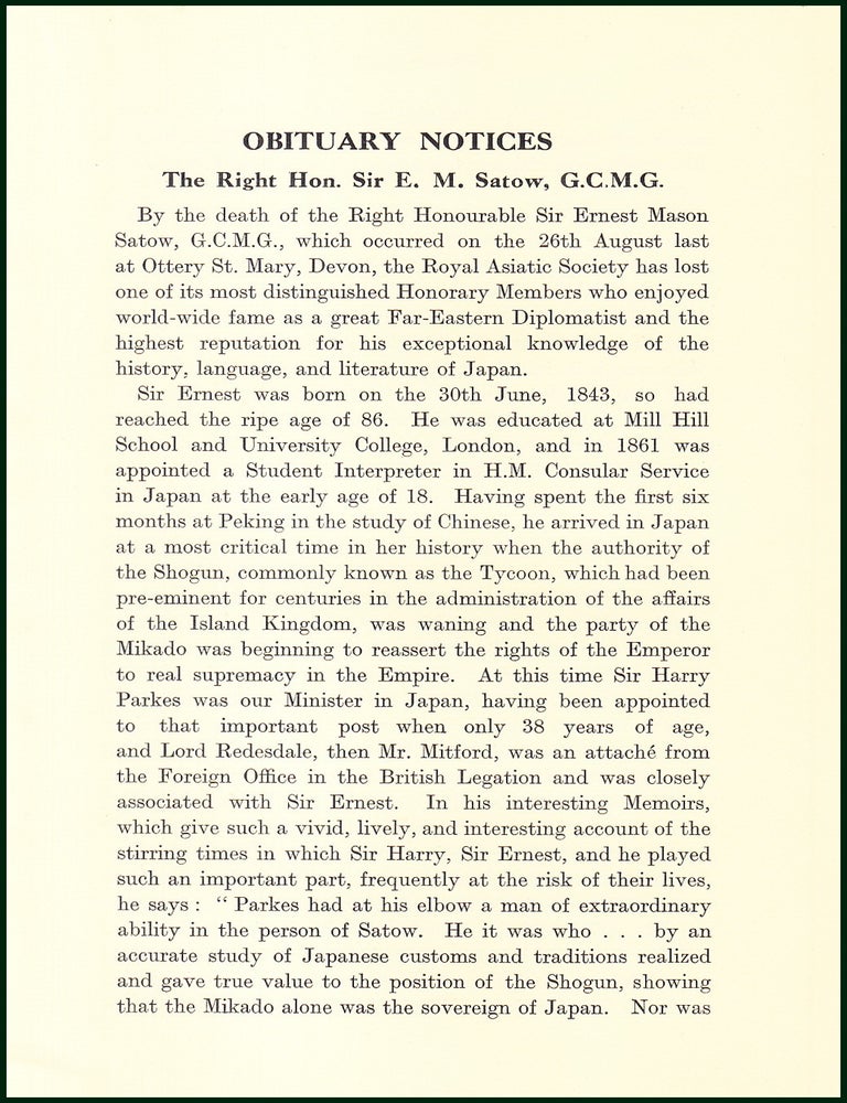 Item #504819 The Right Hon. Sir E.M. Satow, Far-Eastern Diplomatist : Obituary. An uncommon...