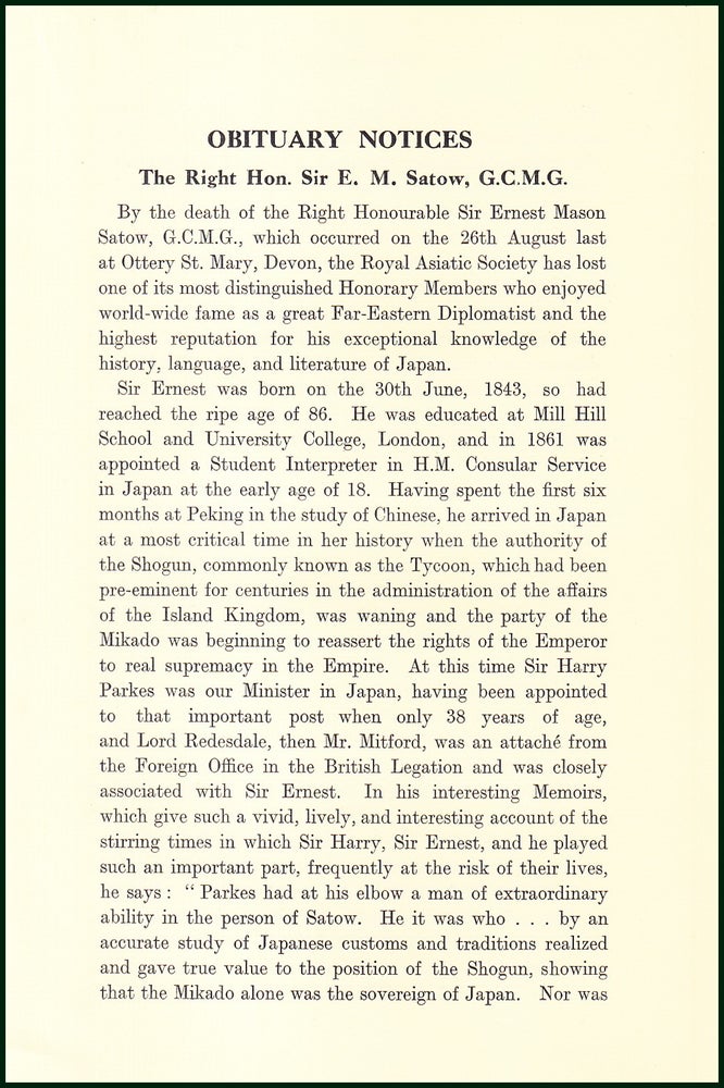 Item #504819 The Right Hon. Sir E.M. Satow, Far-Eastern Diplomatist : Obituary. An uncommon original article from the Royal Asiatic Society , 1930. J H. Stewart Lockhart.