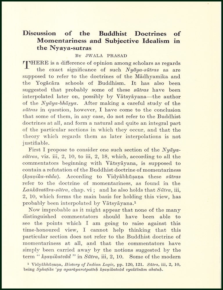 Item #504823 Discussion of The Buddhist Doctrines of Momentariness & Subjective Idealism in...