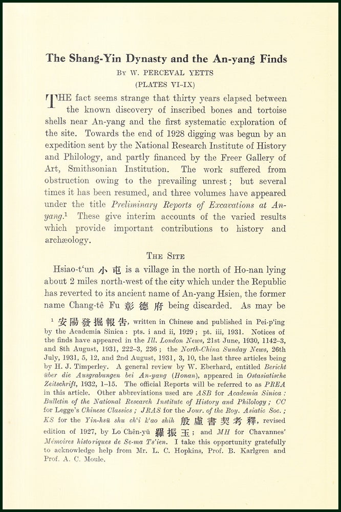 Item #504828 The Shang-Yin Dynasty & The An-yang Finds. An uncommon original article from the Royal Asiatic Society , 1933. W. Perceval Yetts.