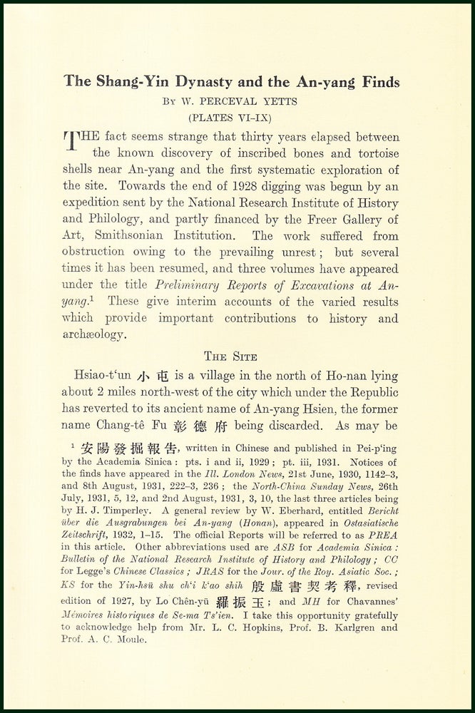 Item #504828 The Shang-Yin Dynasty & The An-yang Finds. An uncommon original article from the...