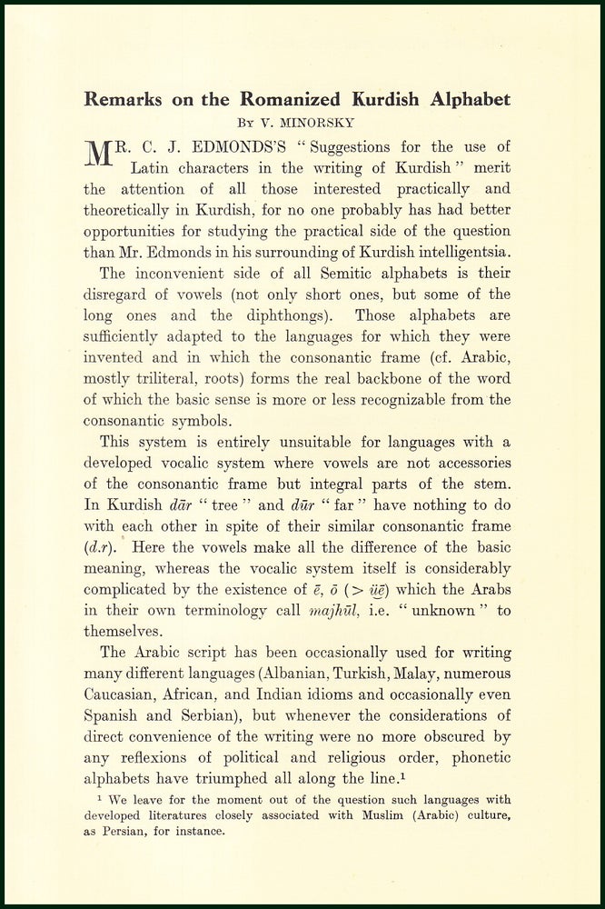 Item #504831 The Romanized Kurdish Alphabet. An uncommon original article from the Royal Asiatic Society , 1933. V. Minorsky.