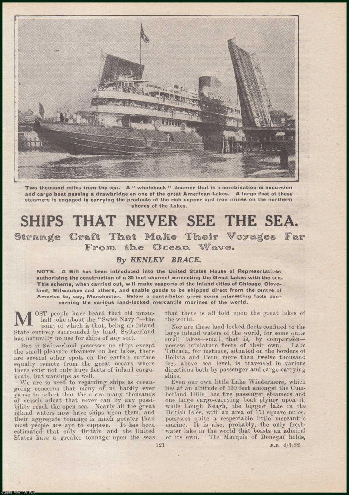 Item #504859 Ships That Never See The Sea : single craft that make their voyages far from the ocean wave. This is an original article from the Penny Pictorial Magazine, 1922. Kenley Brace.