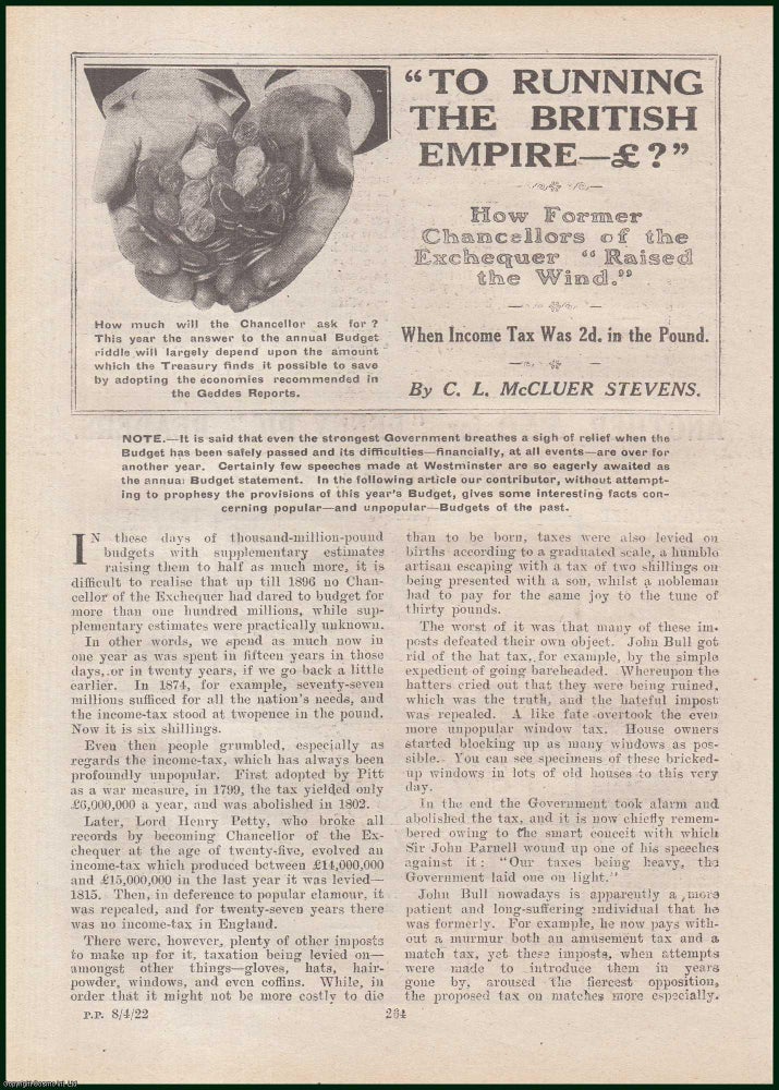 Item #504870 To Running The British Empire : how Former Chancellors of the Exchequer Raised the Wind. This is an original article from the Penny Pictorial Magazine, 1922. C L. McCluer Stevens.