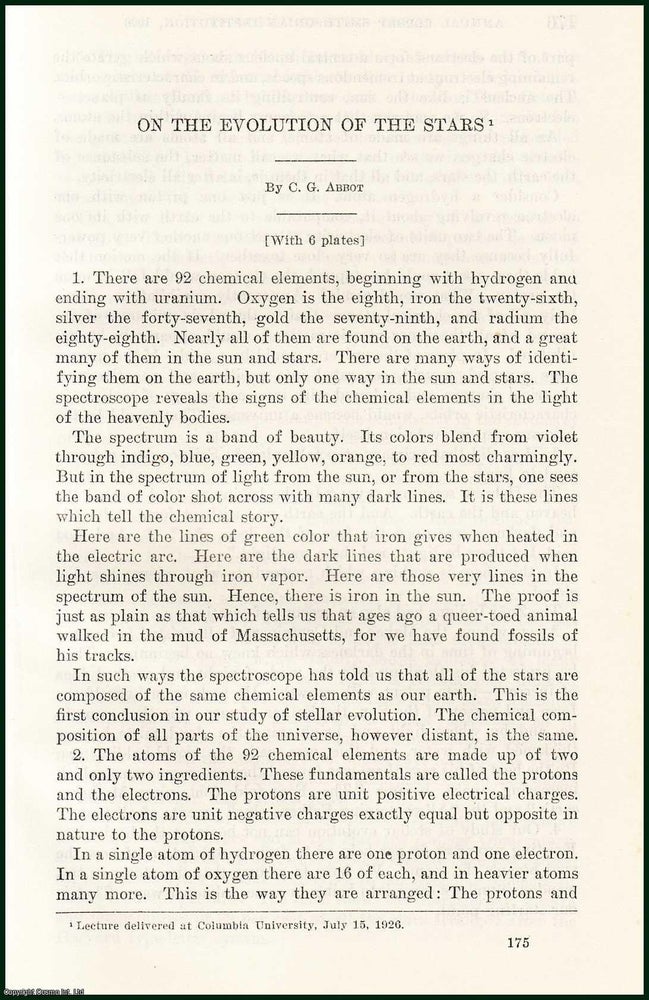 Item #505119 Evolution of The Stars. An original article from the Report of the Smithsonian Institution, 1926. Charles G. Abbot.