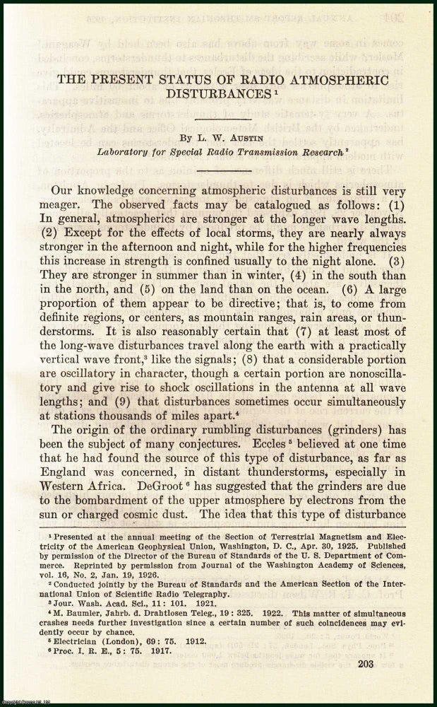 Item #505122 Present Status of Radio Atmospheric Disturbances. An original article from the Report of the Smithsonian Institution, 1926. L W. Austin.