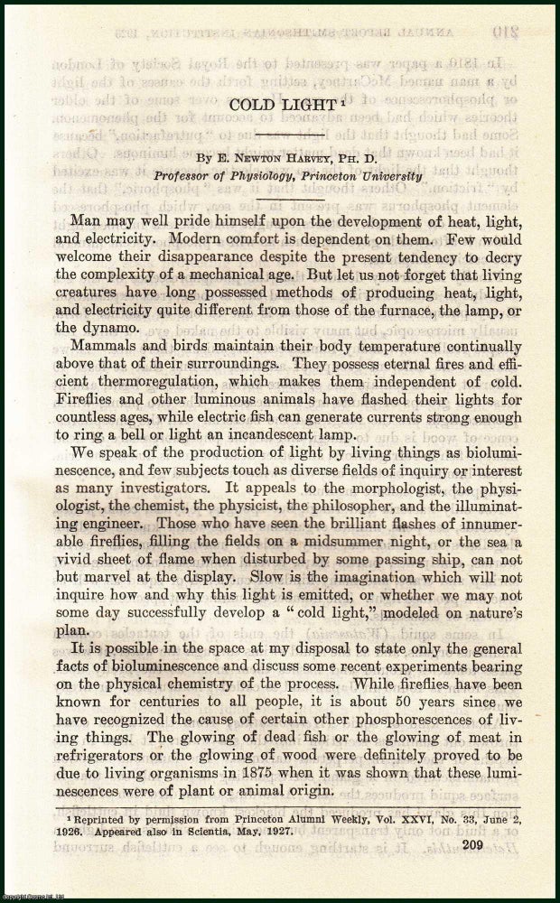 Item #505123 Cold Light. An original article from the Report of the Smithsonian Institution, 1926. E. Newton Harvey.