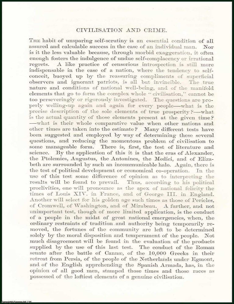 Item #505158 Civilisation & Crime. 10 pages. An article printed in 1865, written by Sheldon...