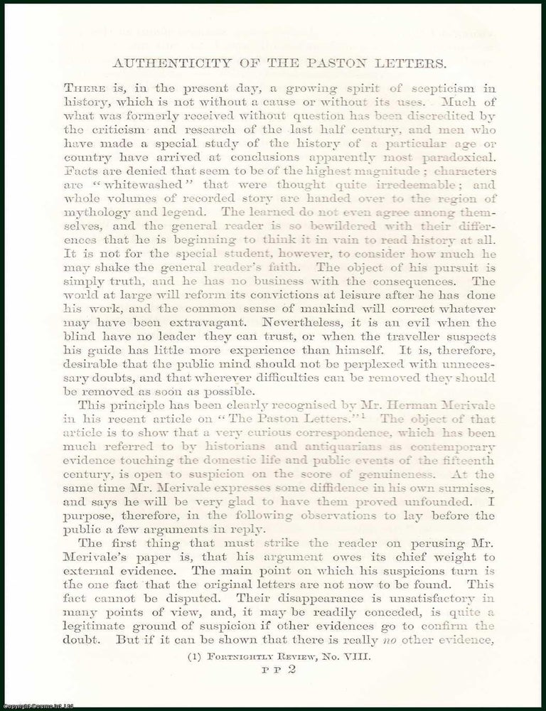 Item #505169 Authenticity of The Paston Letters, Mr Herman Merivale. 16 pages. An article printed...