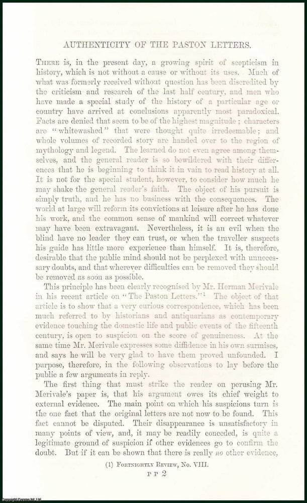 Item #505169 Authenticity of The Paston Letters, Mr Herman Merivale. 16 pages. An article printed...
