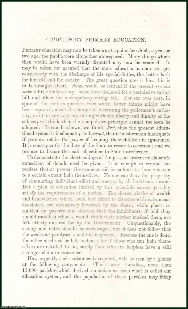 Item #505195 Compulsory Primary Education. 12 pages. An article printed in 1868, written by...