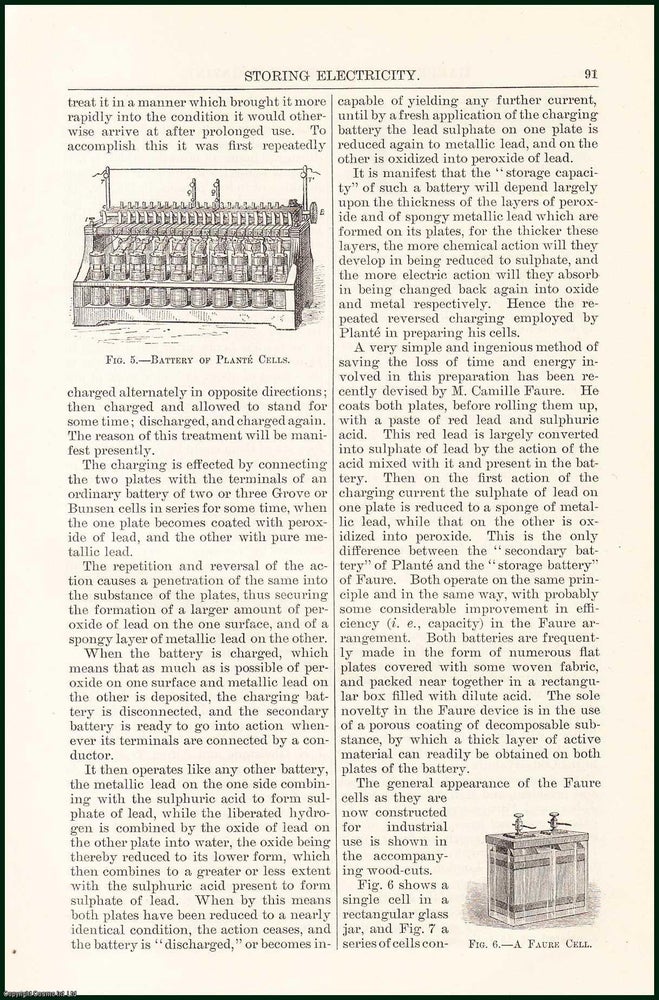 Item #505223 A Voltameter ; Grove's Gas Battery ; Battery of Plante Cells & more : Storing Electricity. An uncommon original article from the Harper's Monthly Magazine, 1883. Henry Morton.